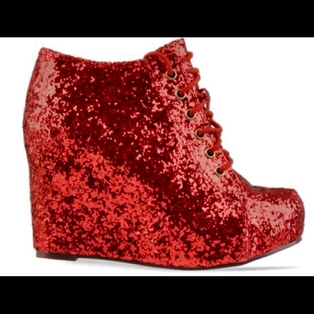 Jeffrey Campbell 99 tie red glitter wedge booties!
